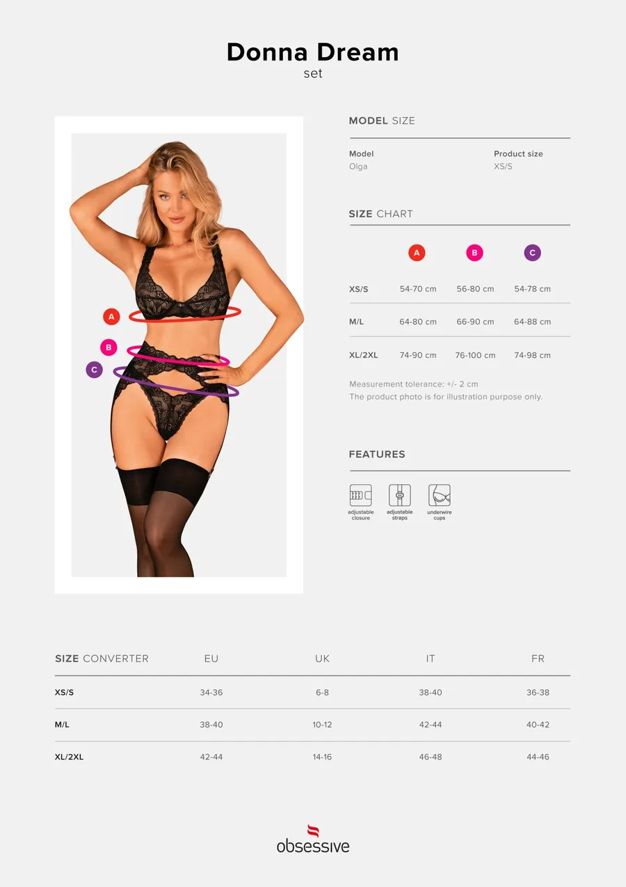 Комплект белья Obsessive Donna Dream 3-pcs set M/L Black, бюстгальтер, стринги, пояс для чулок
