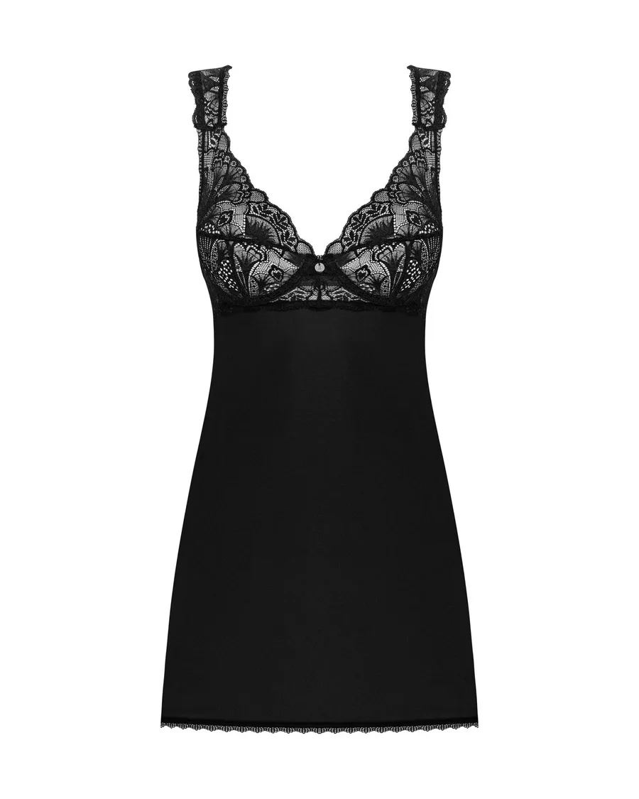 Сорочка бебі-дол з мереживом на грудях Obsessive Donna Dream babydoll XL/2XL Black, стрінги