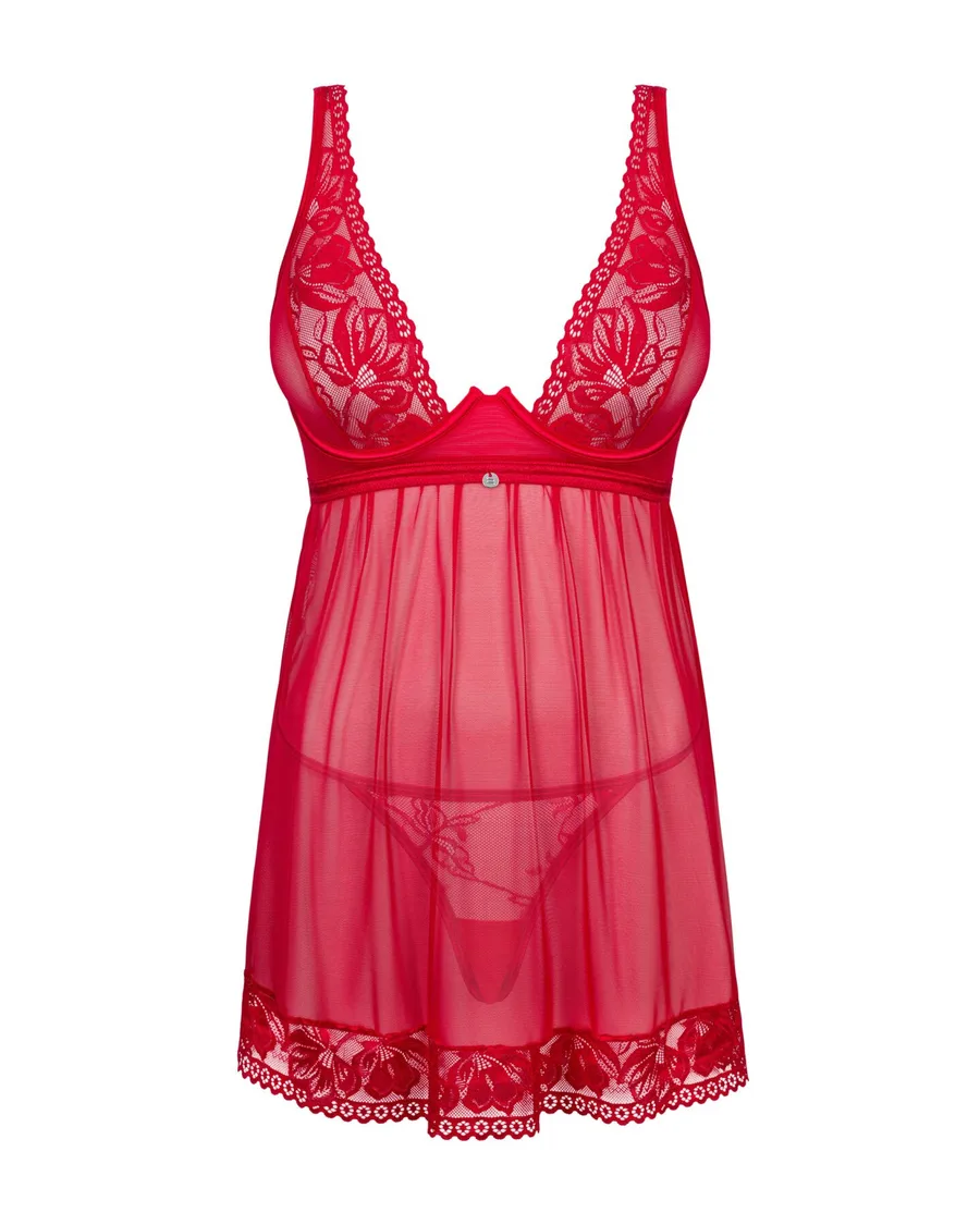 Прозрачная сорочка бэби-долл Obsessive Lacelove babydoll & thong XS/S Red, кружево, стринги