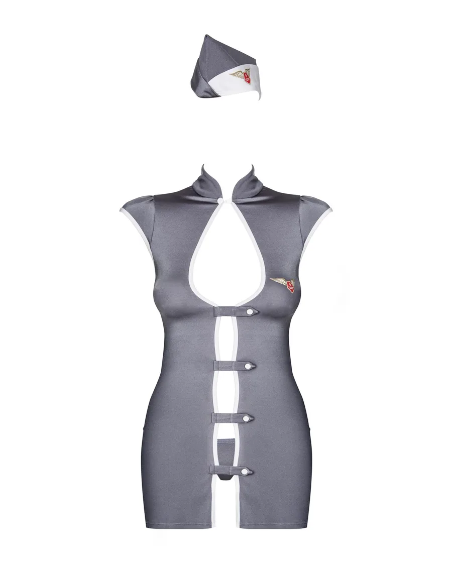 Еротичний костюм стюардеси Obsessive Stewardess 3 pcs grey S/M, сірий, сукня, стрінги, пілотка