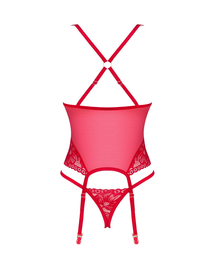 Прозорий корсет Obsessive Lacelove corset M/L Red, мереживо, підв’язки для панчіх