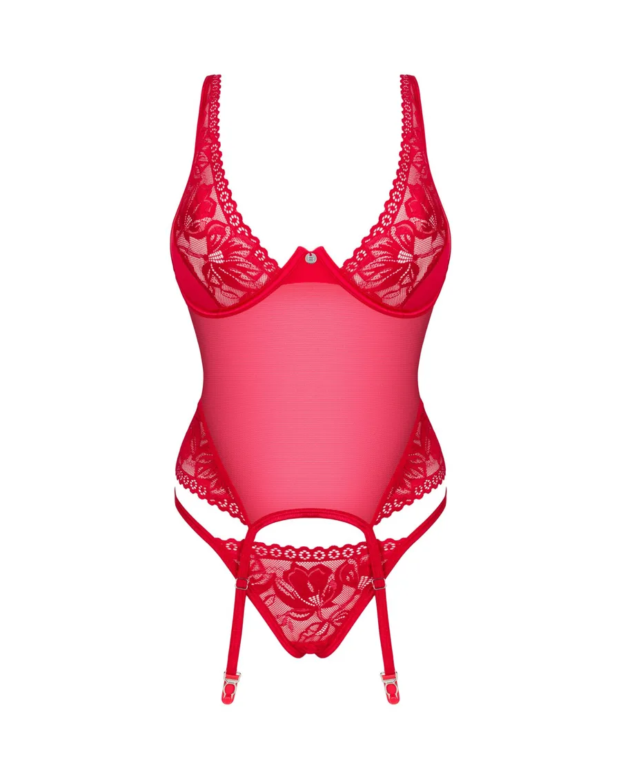 Прозорий корсет Obsessive Lacelove corset M/L Red, мереживо, підв’язки для панчіх