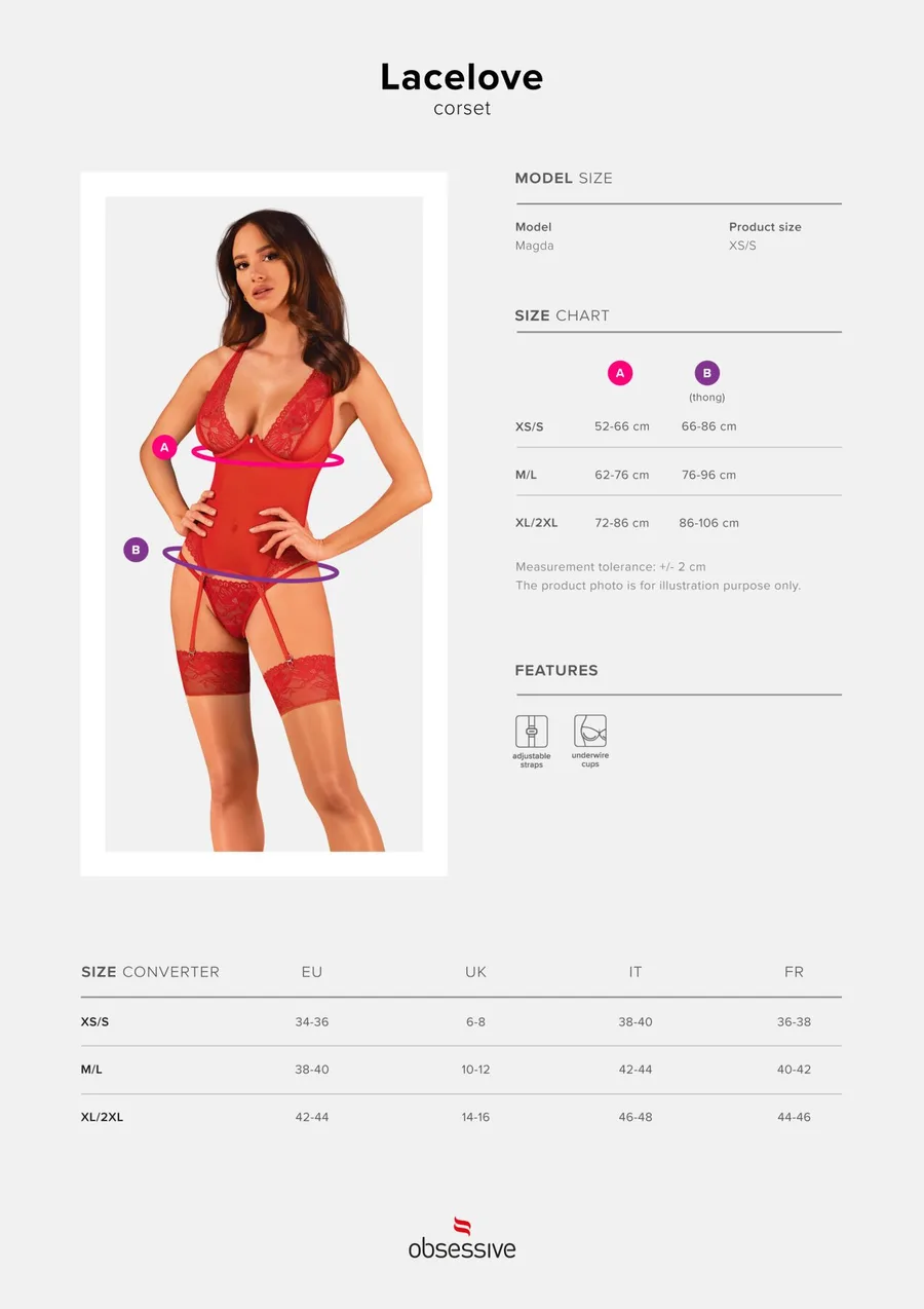 Прозрачный корсет Obsessive Lacelove corset XL/2XL Red, кружево, подвязки для чулок