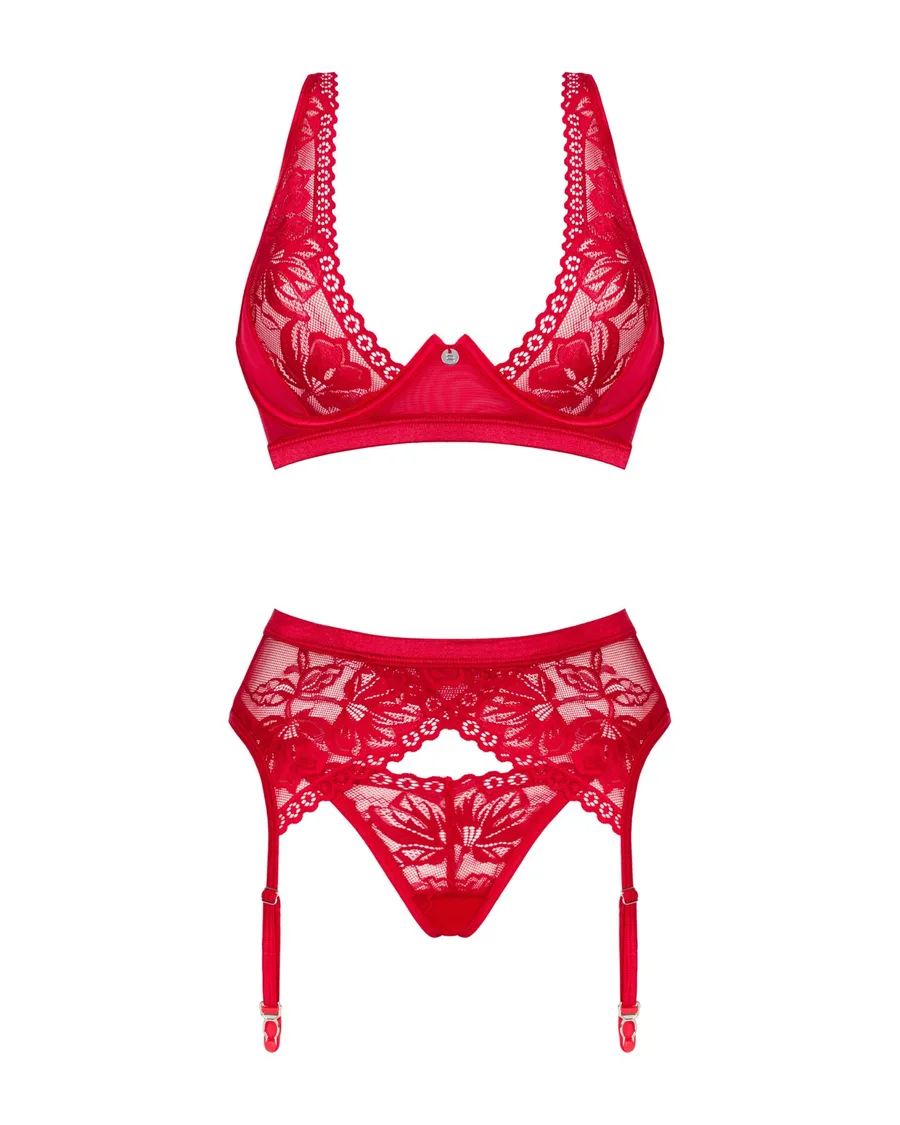 Комплект белья Obsessive Lacelove cupless 3-pcs set XL/2XL Red, бюстгальтер, стринги, пояс для чулок
