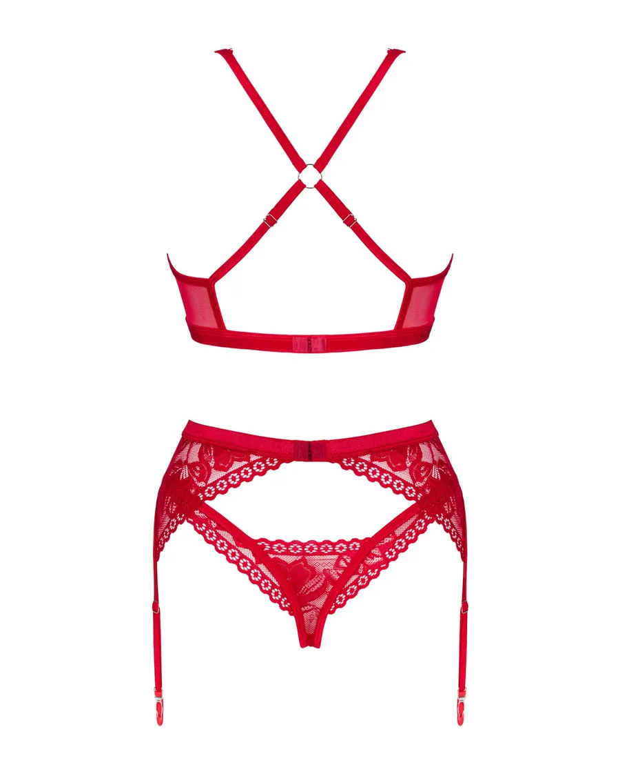 Комплект белья Obsessive Lacelove cupless 3pcs set XS/S Red, бюстгальтер, стринги, пояс для чулок
