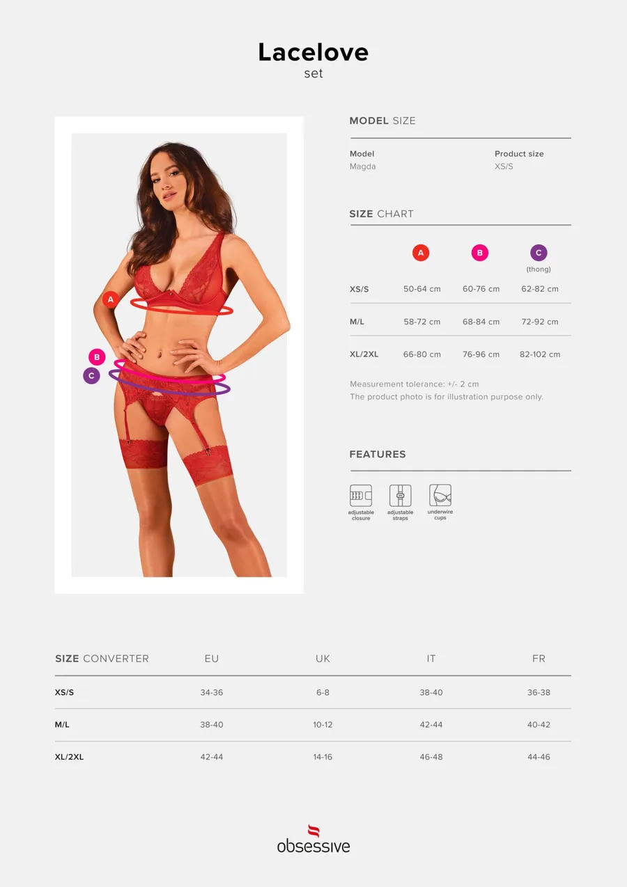 Комплект белья Obsessive Lacelove cupless 3pcs set XS/S Red, бюстгальтер, стринги, пояс для чулок