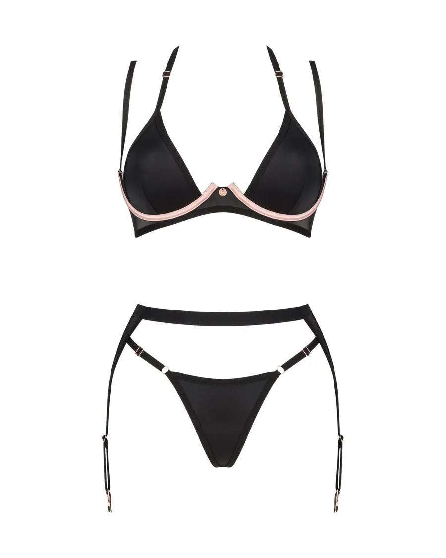 Комплект белья Obsessive Selinne 3-pcs set XL/2XL Black, бюстгальтер, стринги пояс для чулок