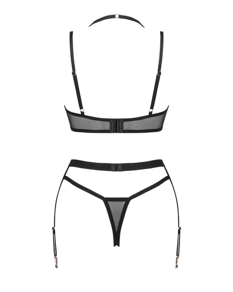 Комплект белья Obsessive Selinne 3-pcs set M/L Black, бюстгальтер, стринги пояс для чулок