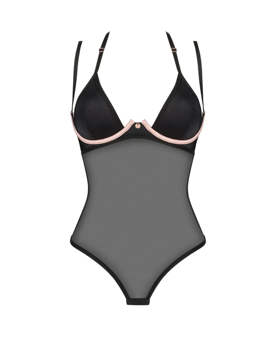 Прозрачное боди Obsessive Selinne teddy M/L Black, мелкая сетка, двойные бретели