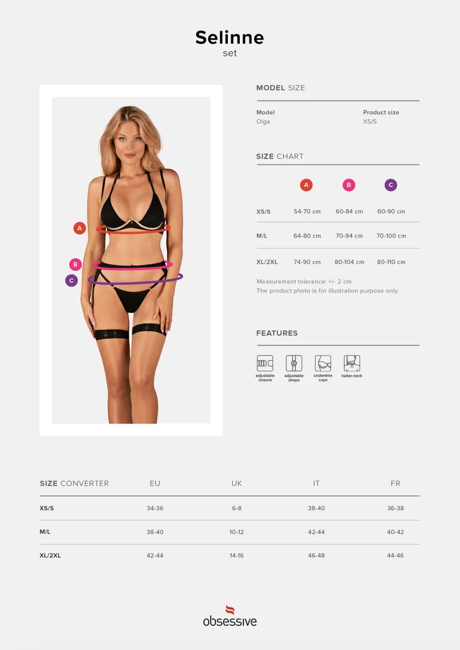 Комплект белья Obsessive Selinne 3-pcs set XS/S Black, бюстгальтер, стринги пояс для чулок