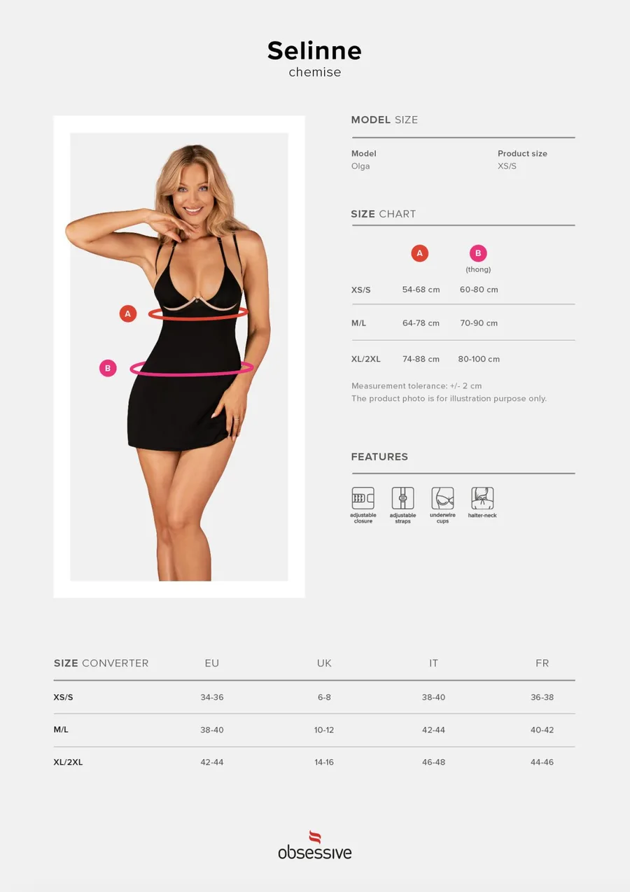 Сорочка Obsessive Selinne chemise & thong XS/S Black, стринги, двойные бретели