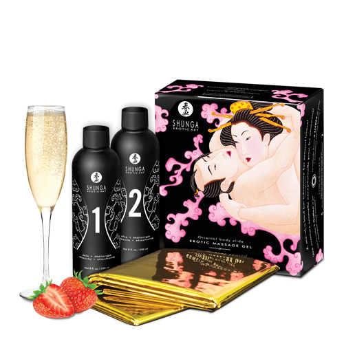 Гель для NURU-массажа Shunga Oriental Body-to-Body – Sparkling Strawberry Wine плюс простыня