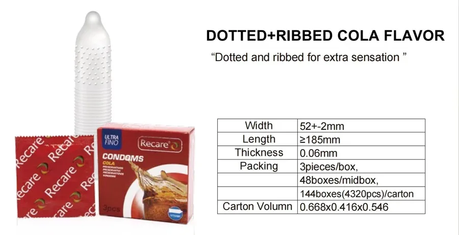 Презервативи Recare Cola Dotted&Ribbed Condoms 3 шт, з пухирцями та ребрами, аромат: Кола
