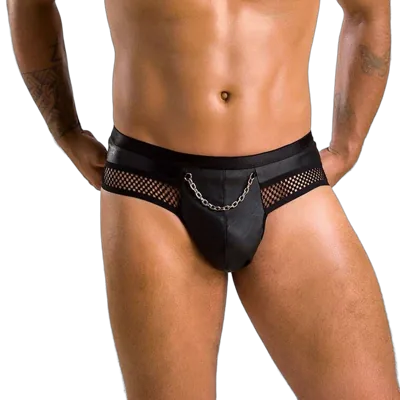 Чоловічі труси з ланцюжком Passion 030 SLIP TOM XXL/XXXL Black, екошкіра, відкриті сідниці