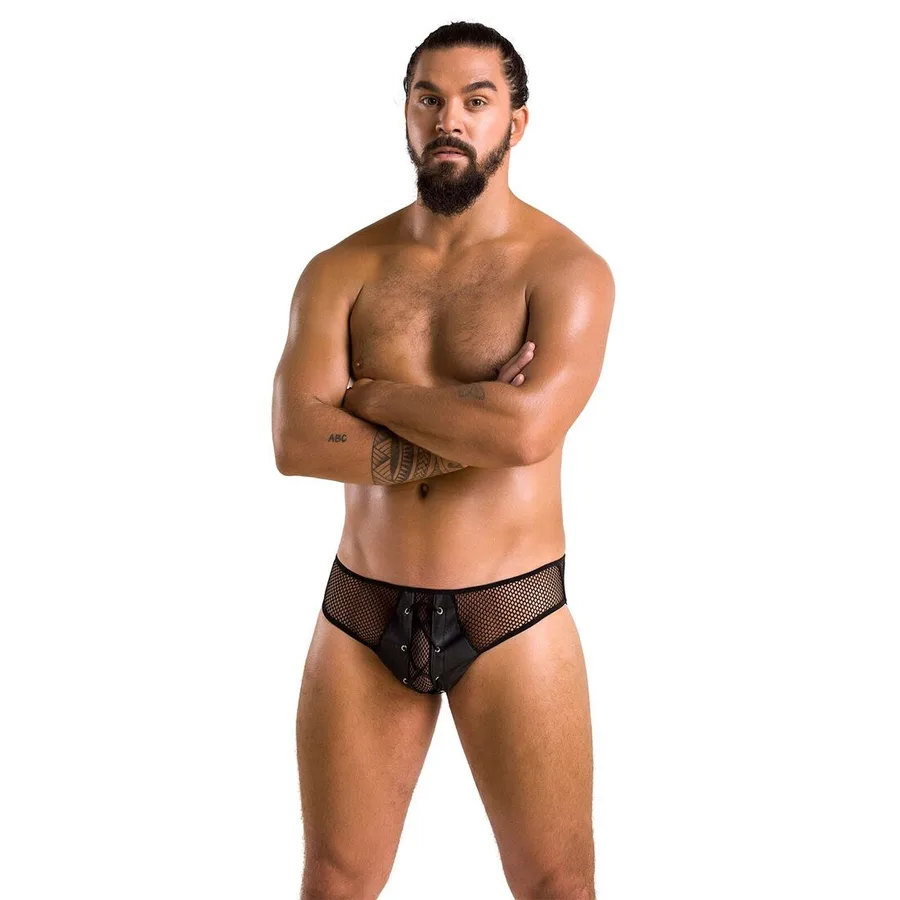 Мужские трусы со шнуровкой Passion 035 SLIP RICHARD L/XL Black, экокожа, сетка