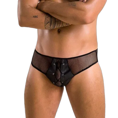 Чоловічі труси зі шнурівкою Passion 035 SLIP RICHARD XXL/XXXL Black, екошкіра, сітка