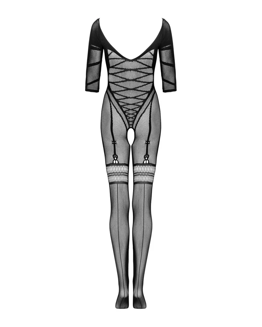 Сітчастий бодістокінг з імітацією підв’язок Obsessive Bodystocking G329 S/M/L, black, з доступом