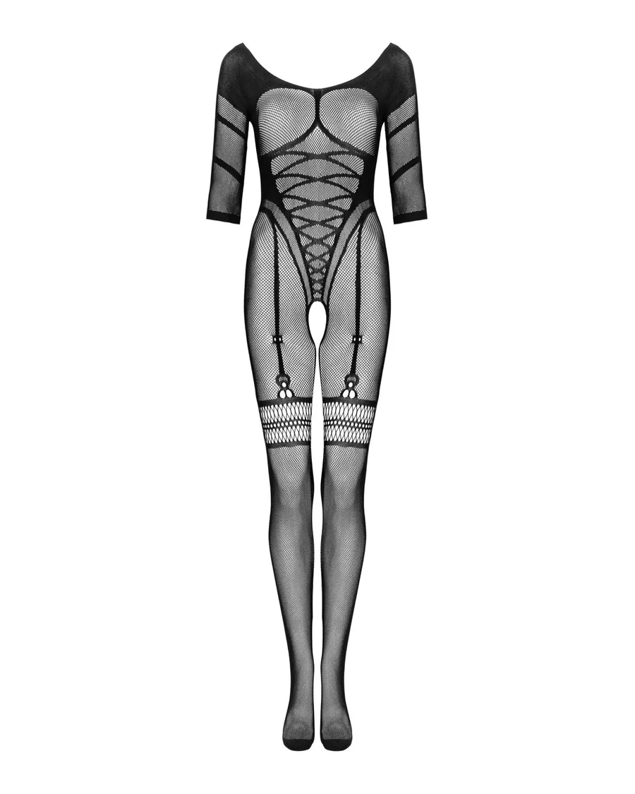 Сітчастий бодістокінг з імітацією підв’язок Obsessive Bodystocking G329 XL/XXL, black, з доступом