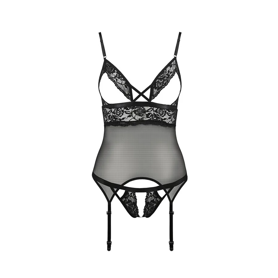 Корсет с открытой грудью Passion DIABOLINA CORSET S/M, black, пажи, трусики, полупрозрачный