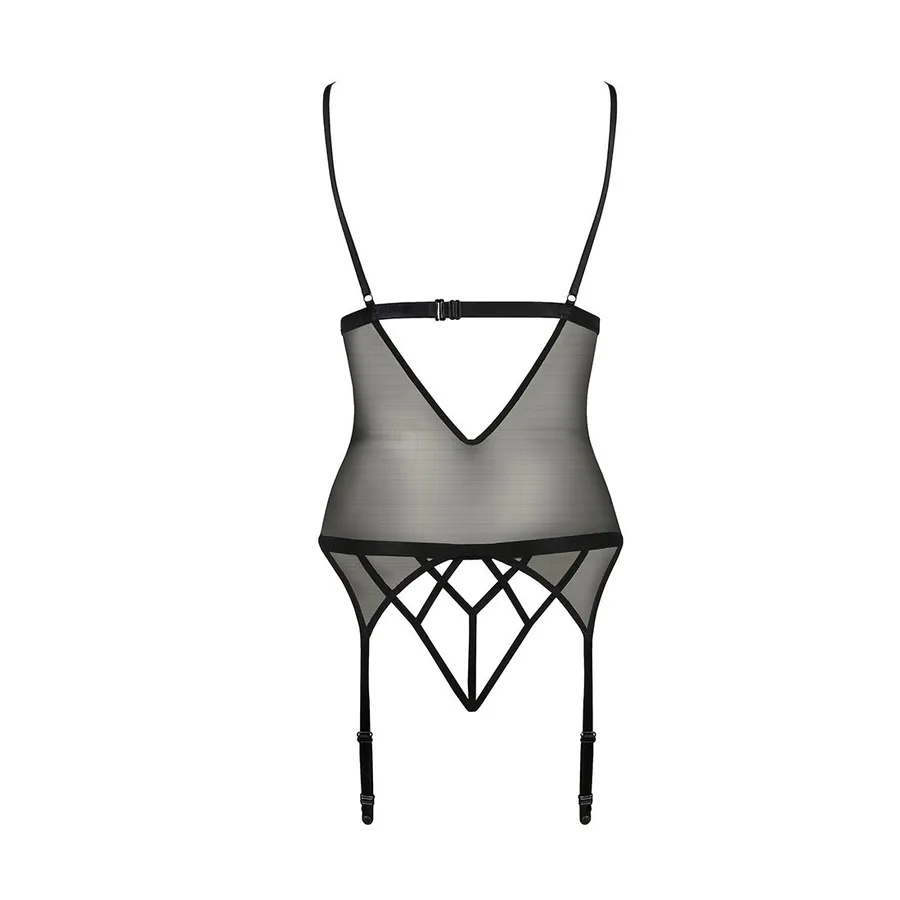Корсет с открытой грудью Passion DIABOLINA CORSET S/M, black, пажи, трусики, полупрозрачный