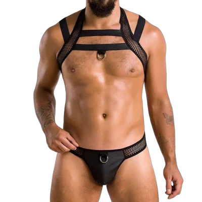 Комплект чоловічої білизни з кріпленнями Passion 043 JACOB S/M Black, труси, шлейки