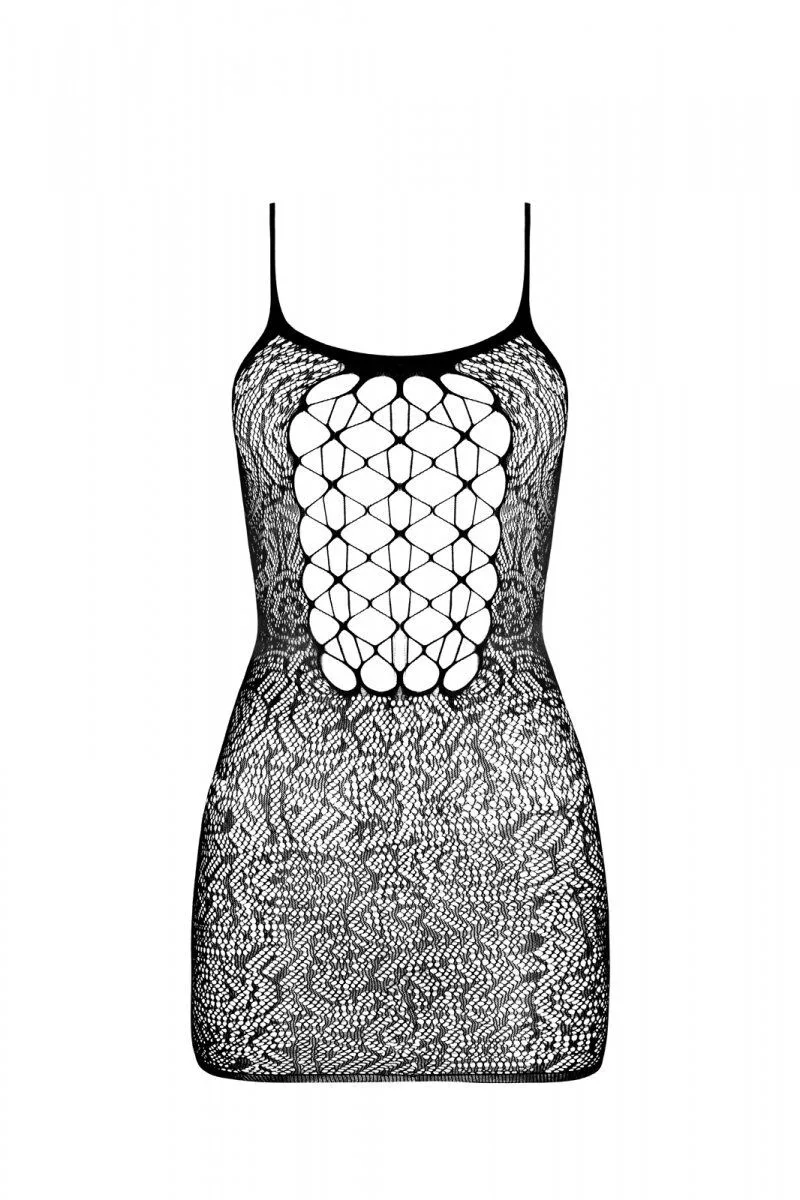 Ажурна мінісукня на тонких бретелях Passion BS096 One Size, black, плетіння на грудях