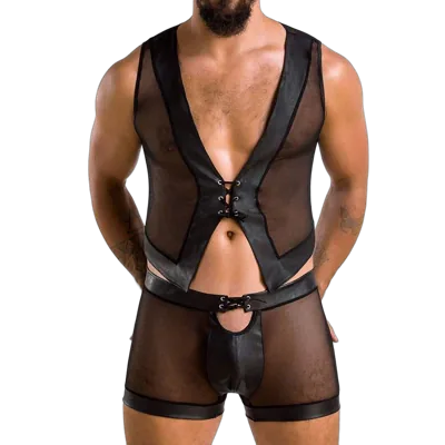 Комплект чоловічої білизни на шнурівці Passion 053 SET WILLIAM L/XL Black, жилет, боксери
