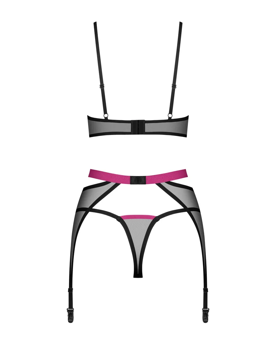 Комплект Obsessive Novenes 3-pcs set, M/L, прозорий ліф на кісточках, стрінги, пояс