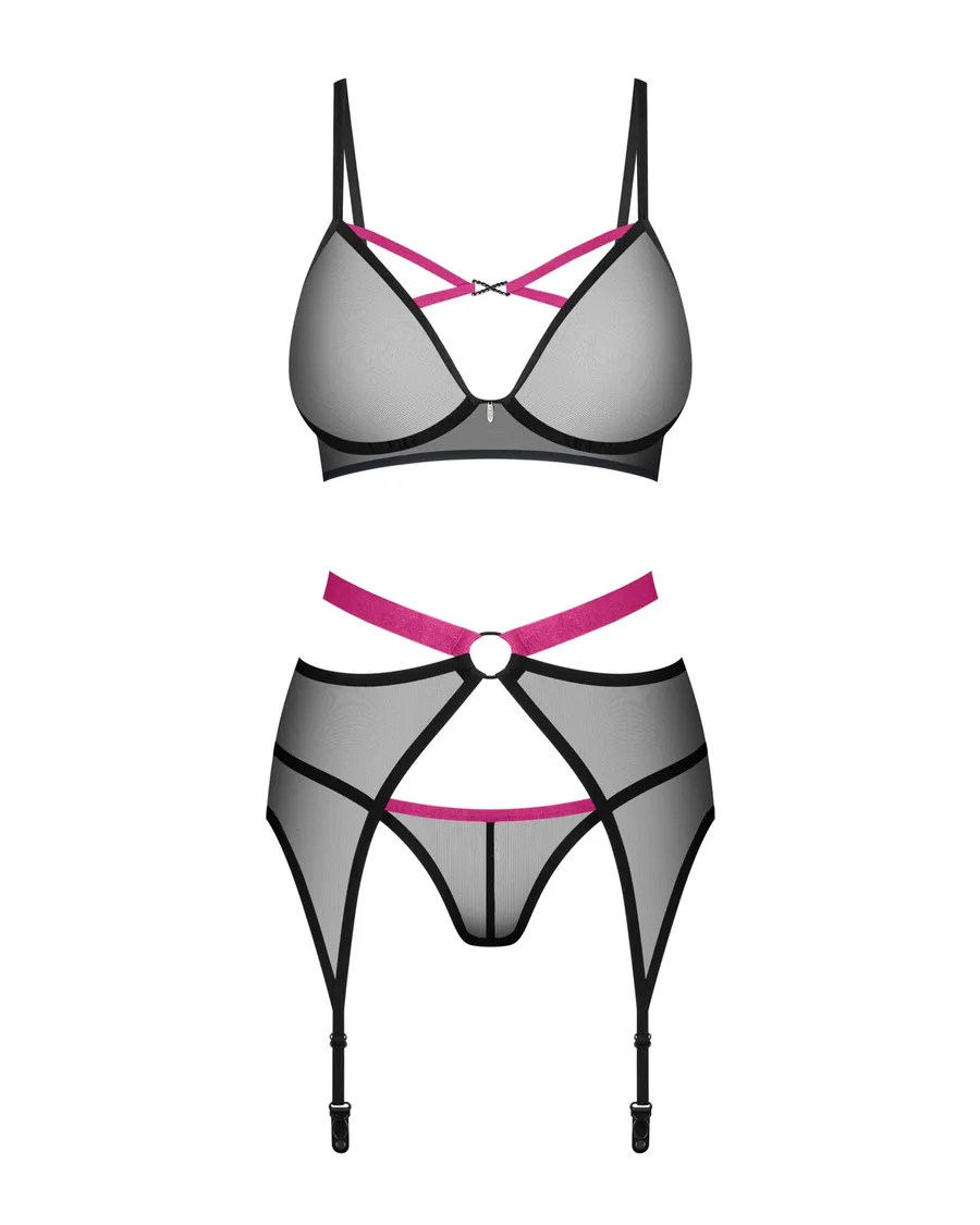 Комплект Obsessive Novenes 3-pcs set, XL/2XL, прозорий ліф на кісточках, стрінги, пояс