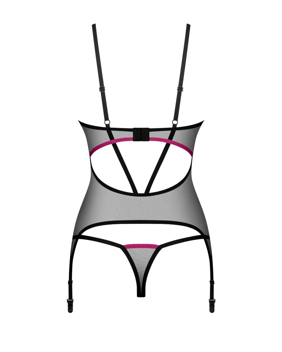 Корсет Obsessive Novenes corset & thong, XL/2XL, прозрачный, открытая спина, стринги в комплекте