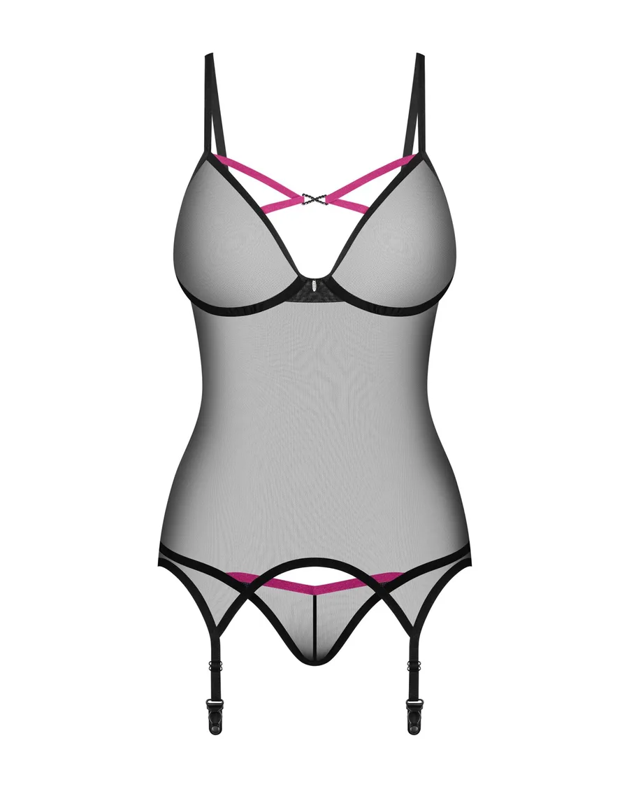 Корсет Obsessive Novenes corset & thong, XL/2XL, прозрачный, открытая спина, стринги в комплекте