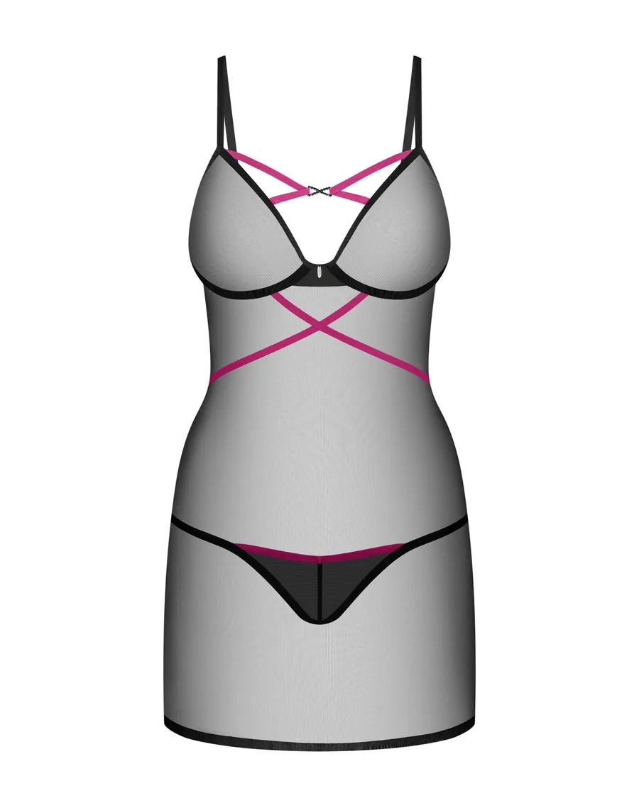 Пеньюар Obsessive Novenes chemise & thong, XL/2XL, обтислий, прозорий, зі стрепами, стрінги в компле
