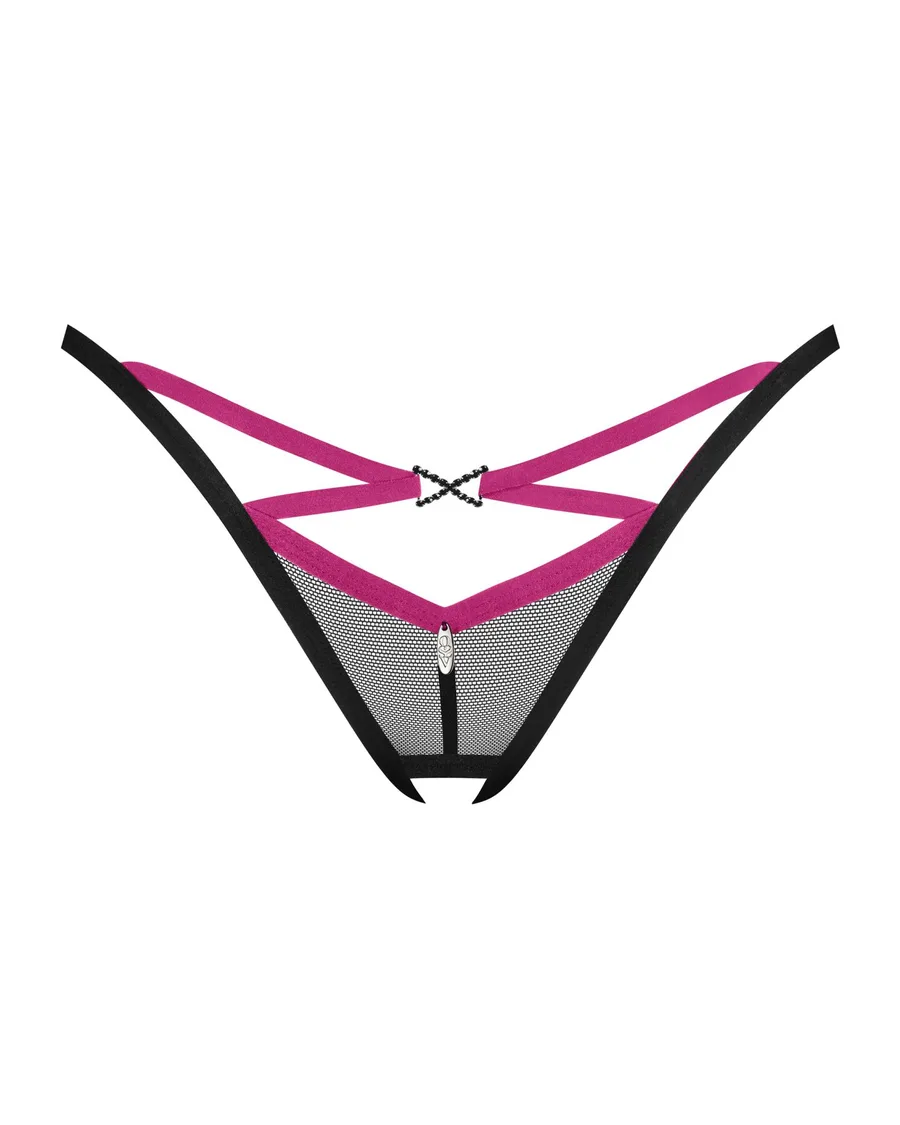 Трусики-стрінги Obsessive Novenes crotchless thong, XS/S, сітка, стрепи, прикраса зі стразами