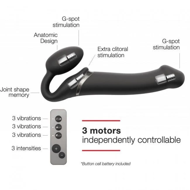 Безремневой страпон с вибрацией Strap-On-Me Vibrating Black M, диаметр 3,8см, пульт ДУ, регулируемый