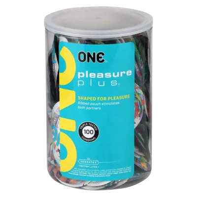 Набір презервативів ONE Pleasure Plus, 100 шт, з ребристою ділянкою на кінці, паковання-тубус