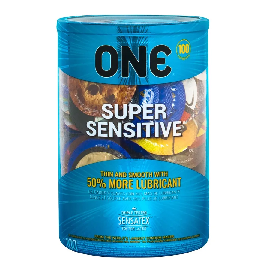 Набор презервативов ONE Super Sensitive, 100 шт, гладкие, с дополнительной смазкой, упаковка-тубус