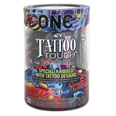 Набір презервативів ONE Tattoo Touch, 100 шт, з рельєфом у вигляді тату, 3 різновиди, паковання-тубус