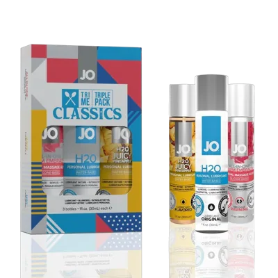 Набір JO Tri-Me Triple Pack — Classics (3×30 мл) водна, силіконова та смакова змазка