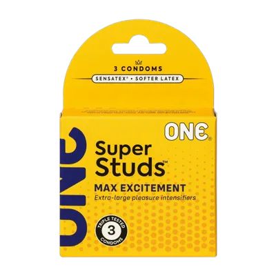 Презервативи ONE Super Studs, 3 шт, з точковим рельєфом, зі змазкою, паковання — картонна коробка