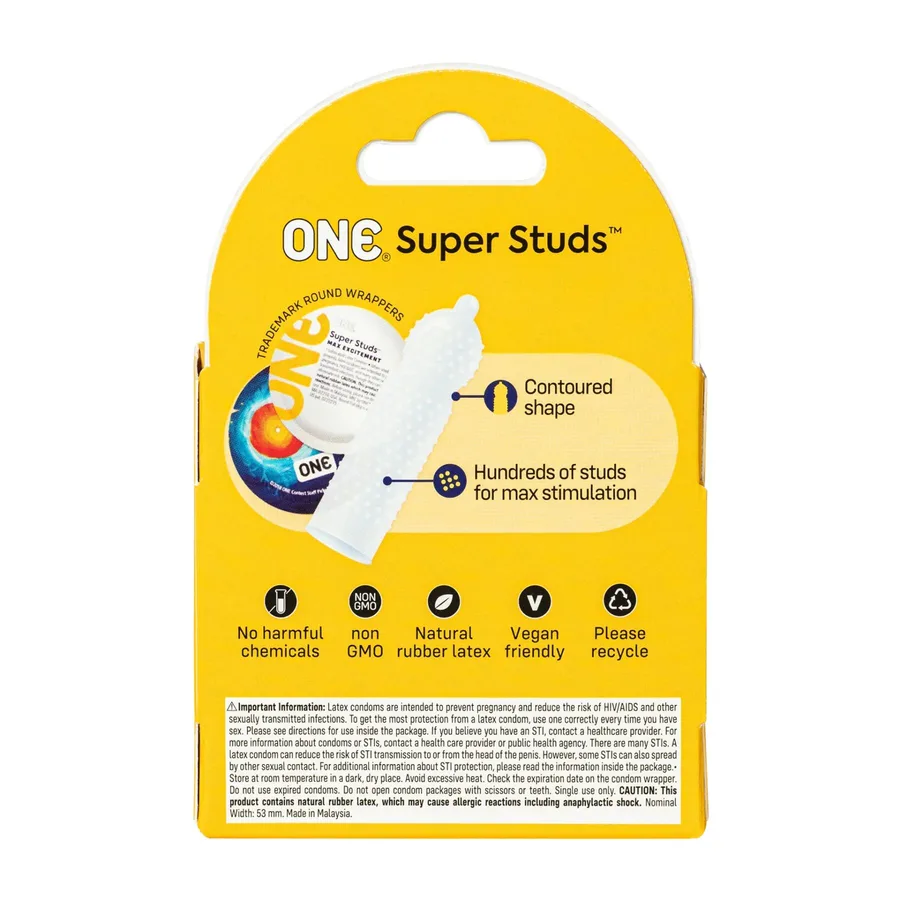 Презервативи ONE Super Studs, 3 шт, з точковим рельєфом, зі змазкою, паковання — картонна коробка