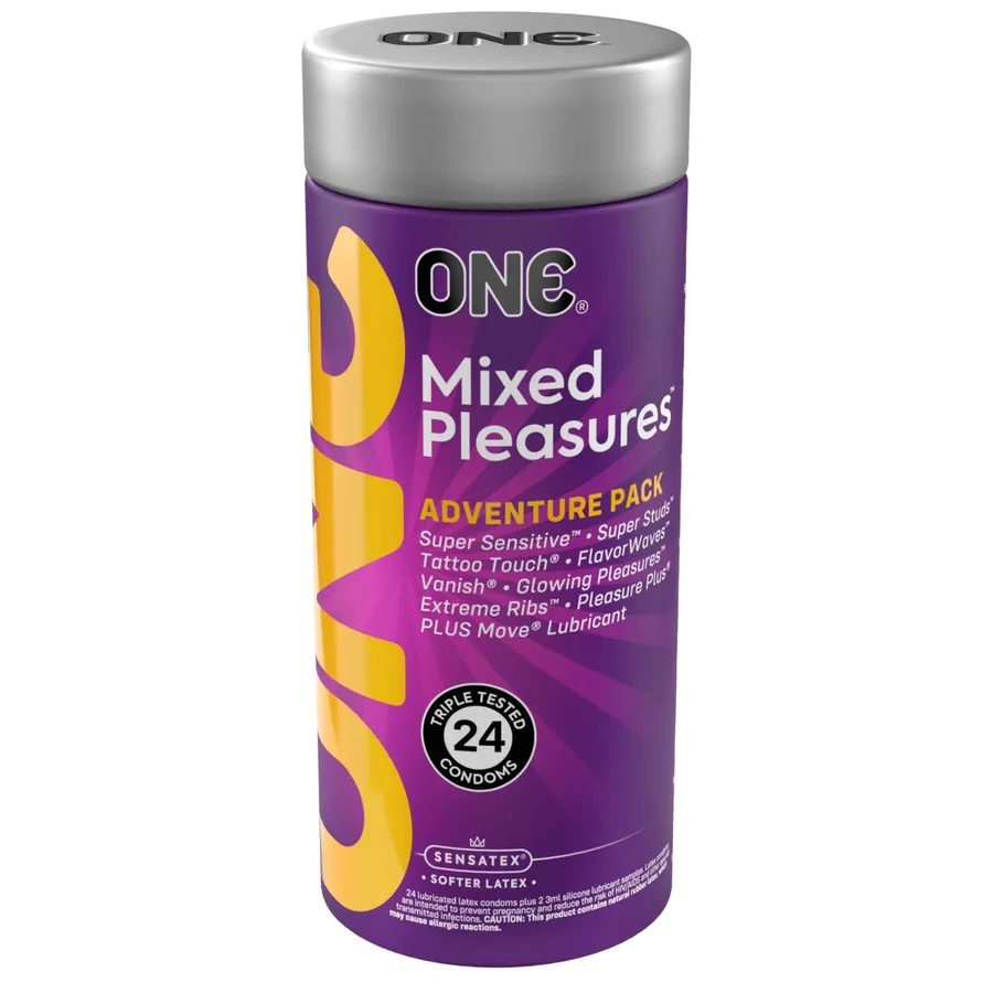 Презервативы ONE Mixed Pleasures, 24 шт, 8 видов, лубрикант в комплекте, подарочная упаковка-тубус