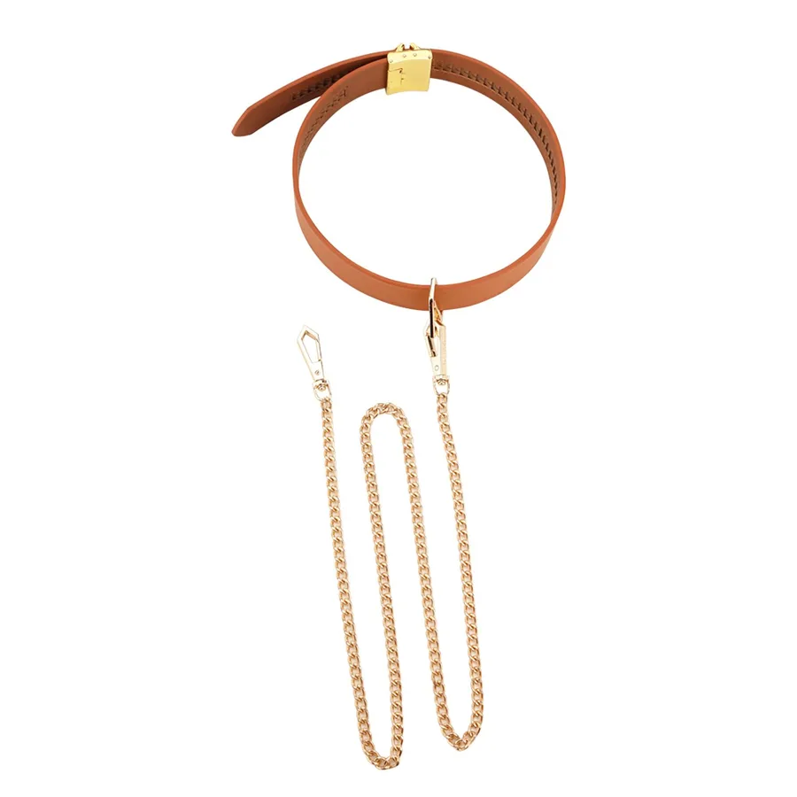Нашийник з повідцем LOCKINK Tied Collar with Leash Set, коричневий, ланцюг зі шкіряною петлею та карабіном