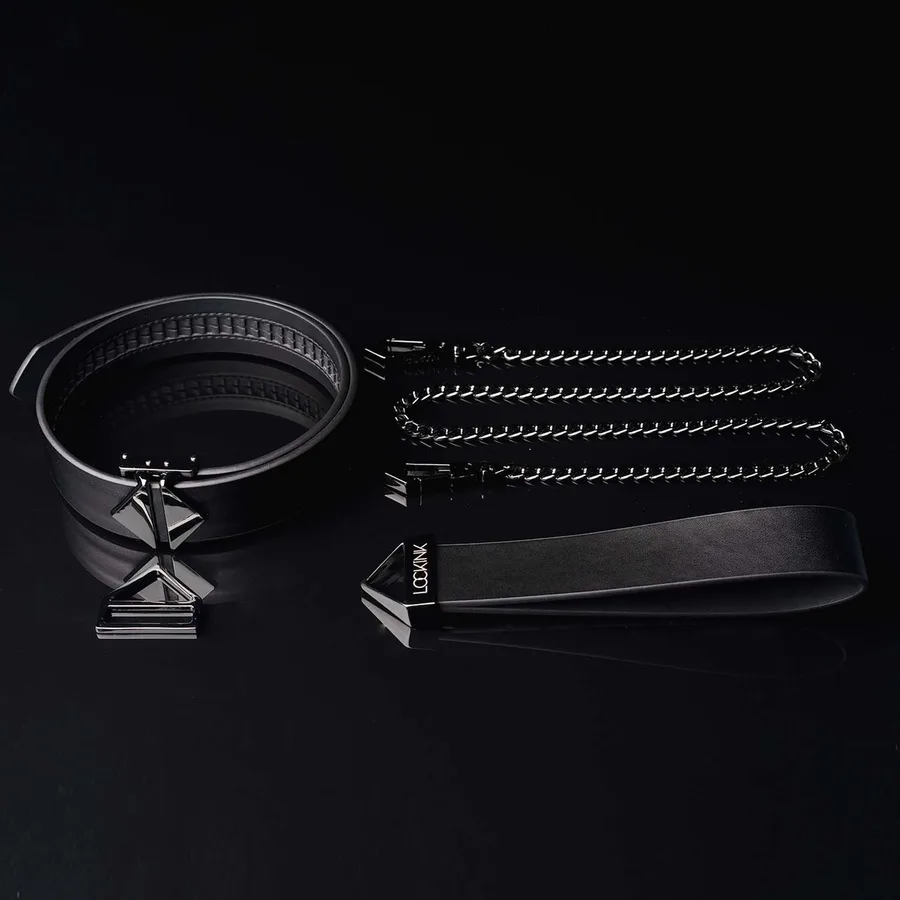 Нашийник з повідцем LOCKINK Tied Collar with Leash Set, чорний, ланцюг зі шкіряною петлею та карабіном