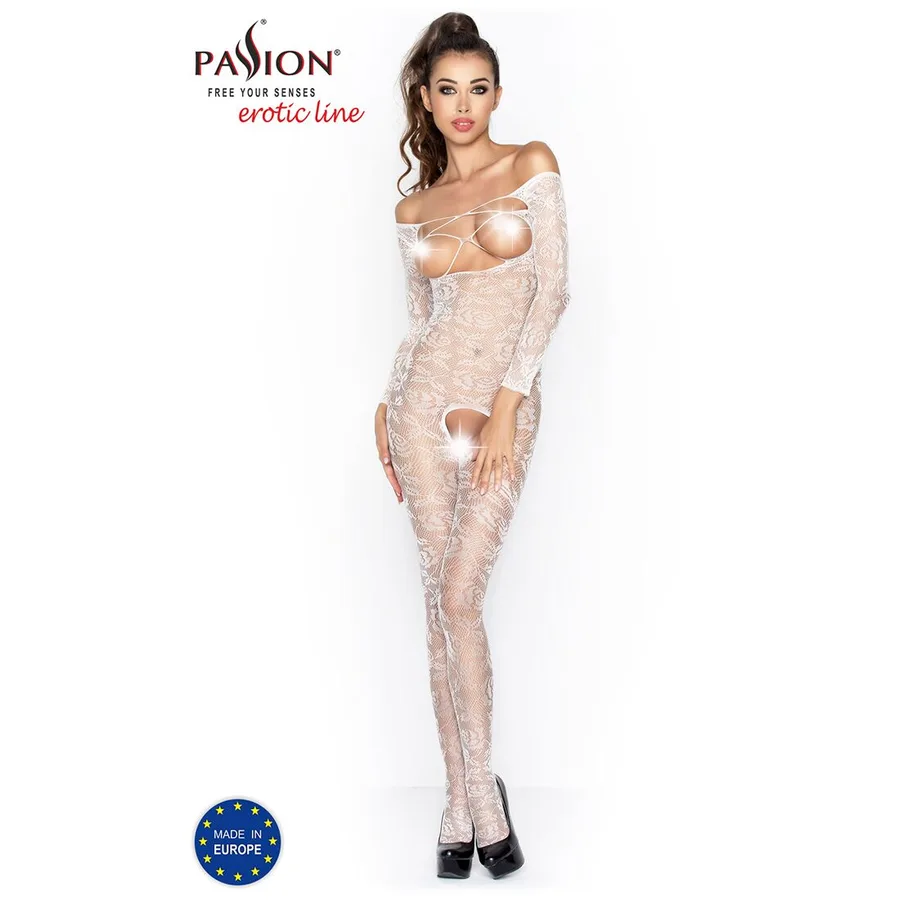 Бодистокинг Passion BS031 white, комбинезон с открытой грудью