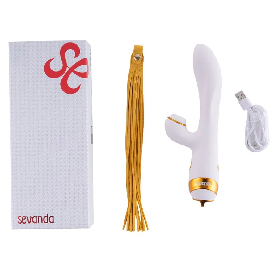 Вибратор-кролик с пульсацией и флоггером LOCKINK SEVANDA Whip Vibrating Massage Wand, бело-золотой