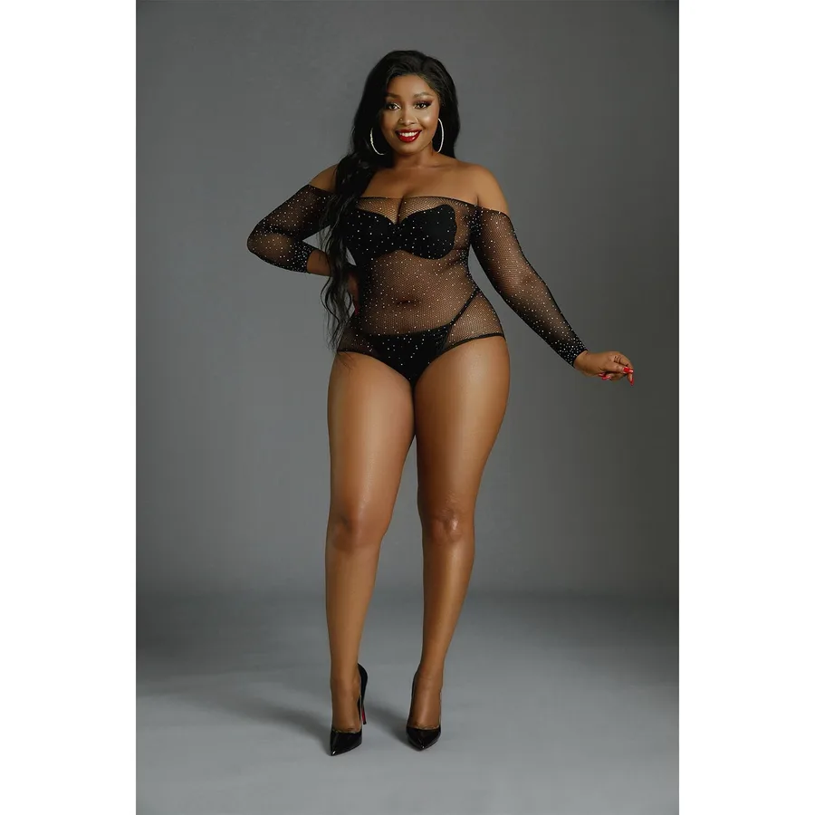 Сетчатое боди со стразами Moonlight Plus Model 09 XL-XXXL Black, открытые плечи