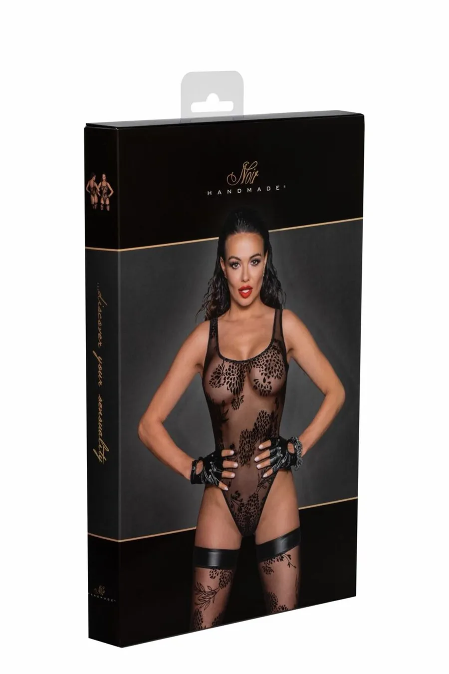 Боді Noir Handmade F242 Tulle body with patterned flock embroidery, S