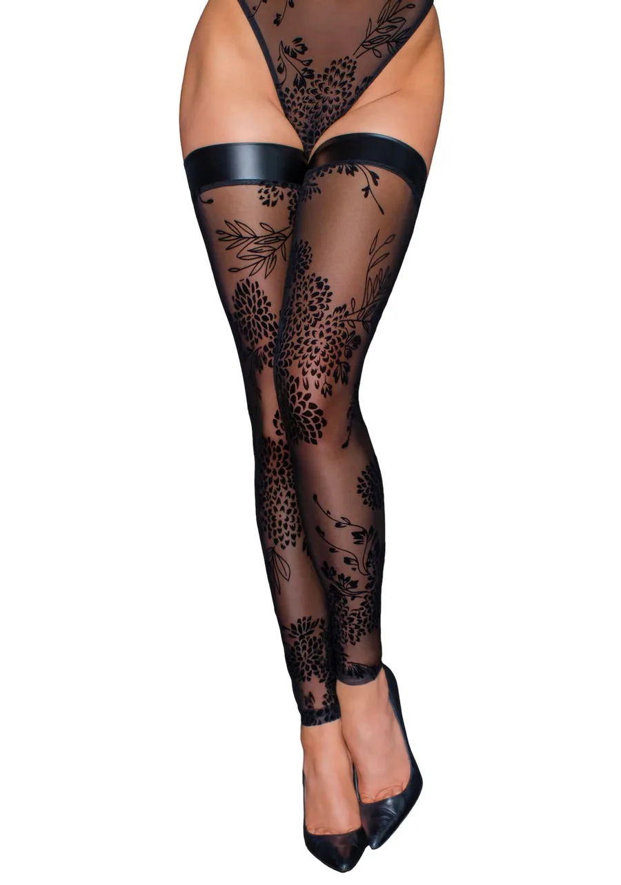 Чулки без мыска Noir Handmade F243 Tulle stockings with patterned flock embroidery, S
