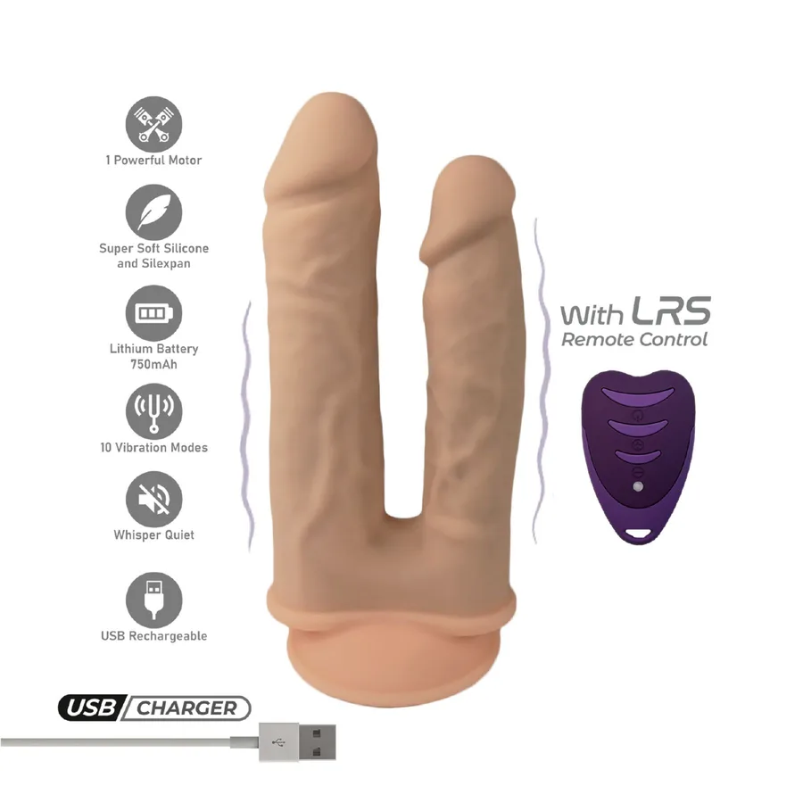 Двойной фаллоимитатор с вибрацией SilexD Double Gusto Vibro Flesh (Model 1 size 8" & 7") + LRS, диаметр 4,5 см и 3,7 см