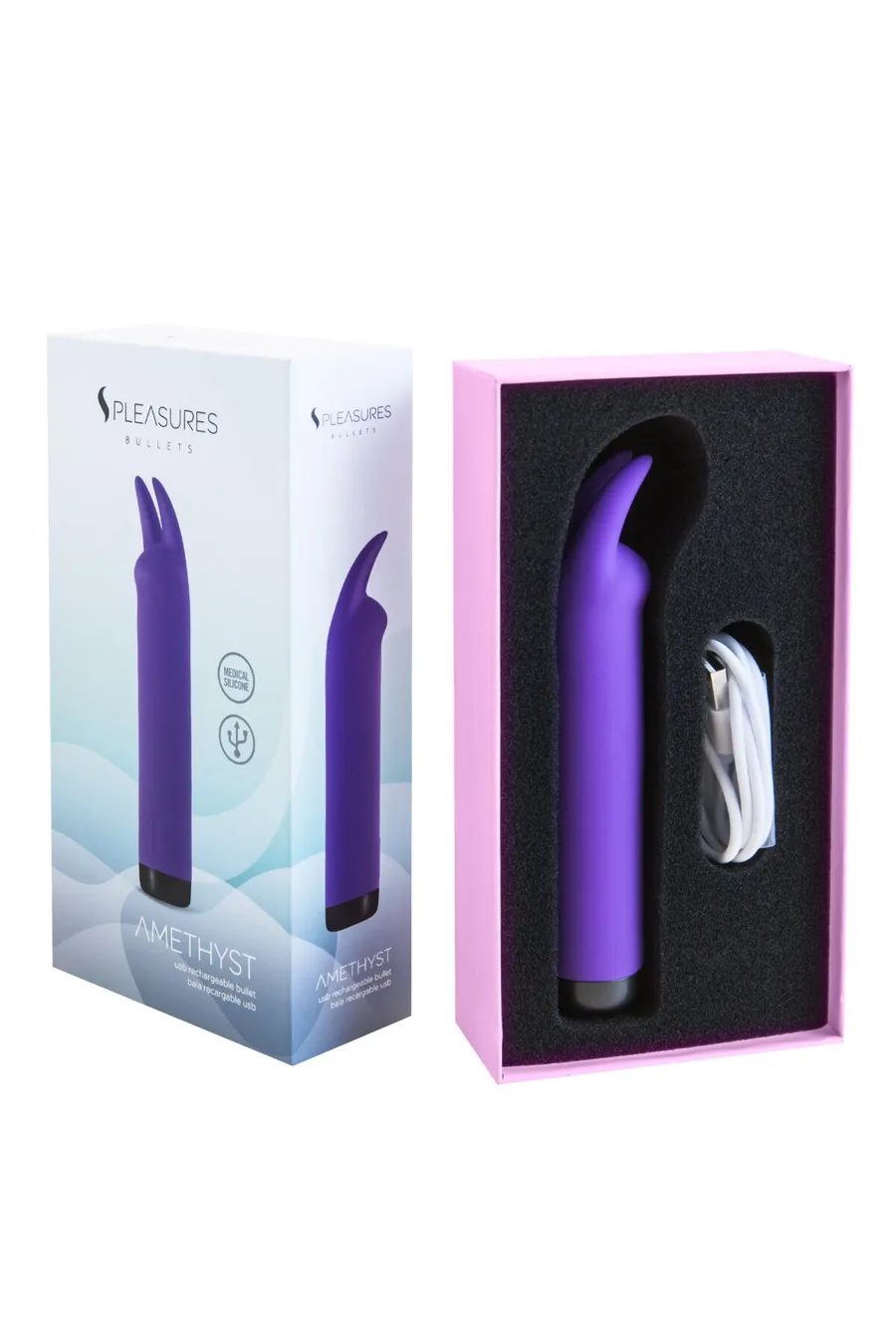 Вибратор S Pleasures Bullets Amethyst, фиолетовый, с двумя отростками, 10 режимов, диаметр 2,8 см